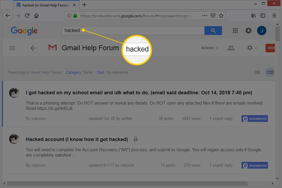 Поле поиска на форумах Gmail Help, заполненное поисковым термином,