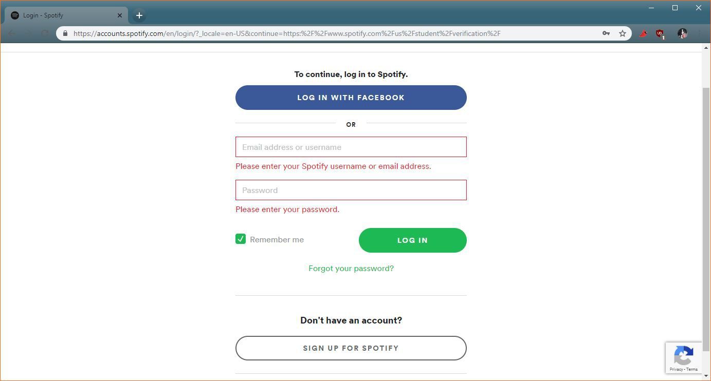 Скриншот процесса регистрации в Spotify.