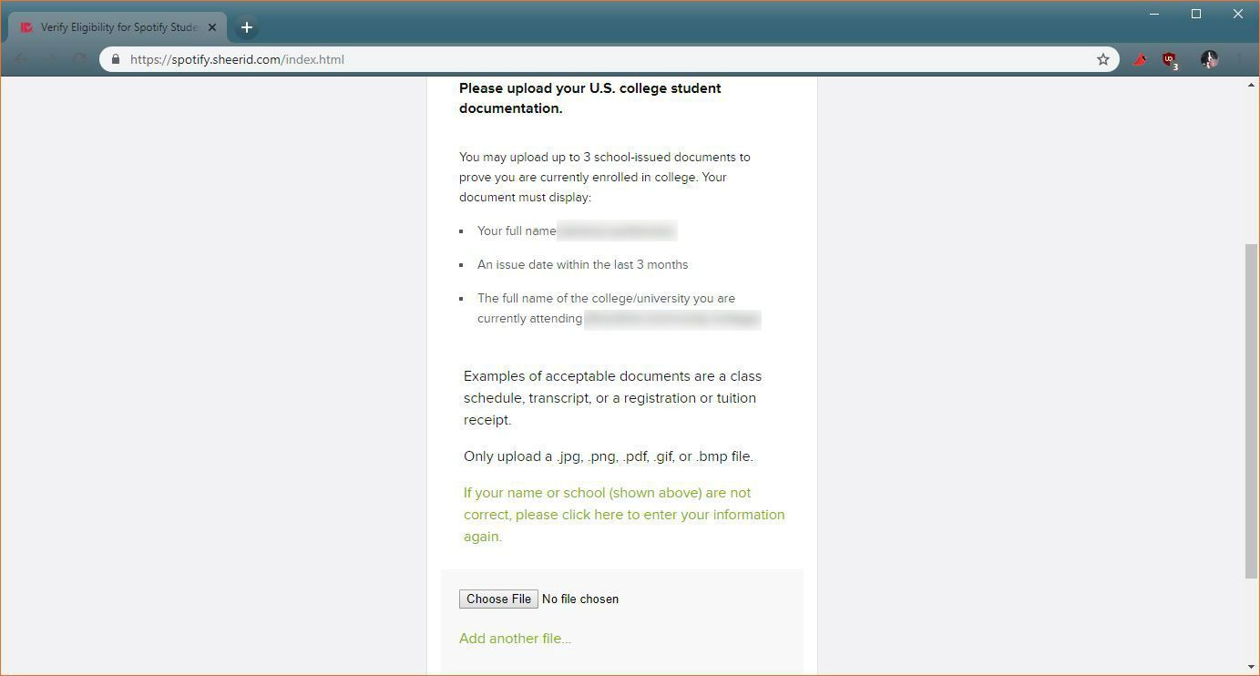 Снимок экрана процесса проверки скидки для студентов Spotify.