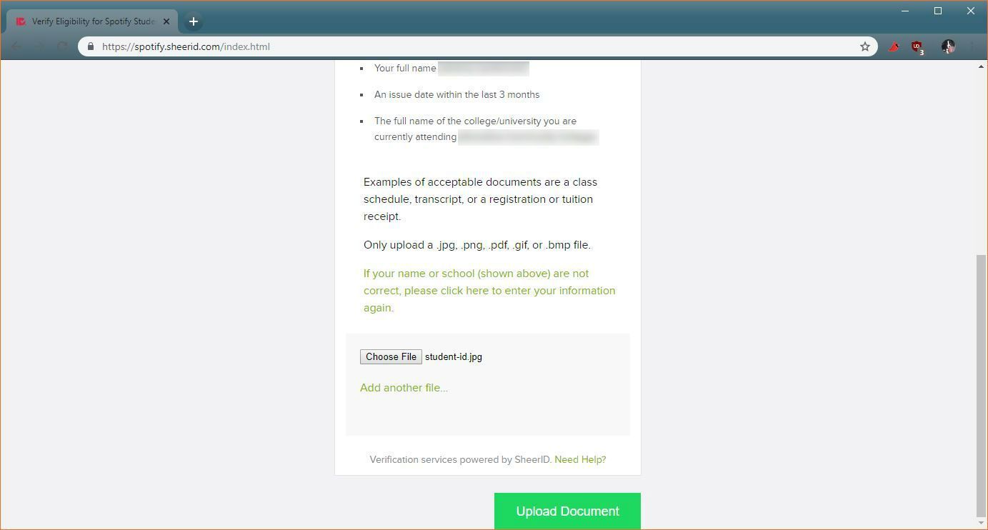 Снимок экрана процесса проверки скидок для студентов Spotify.