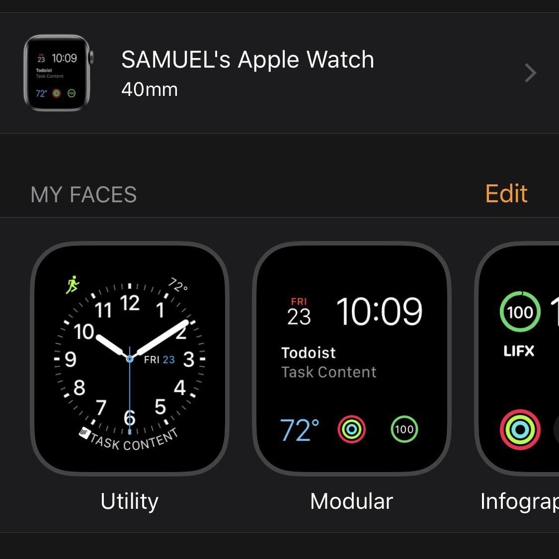 Скриншот домашнего экрана приложения Watch на iPhone