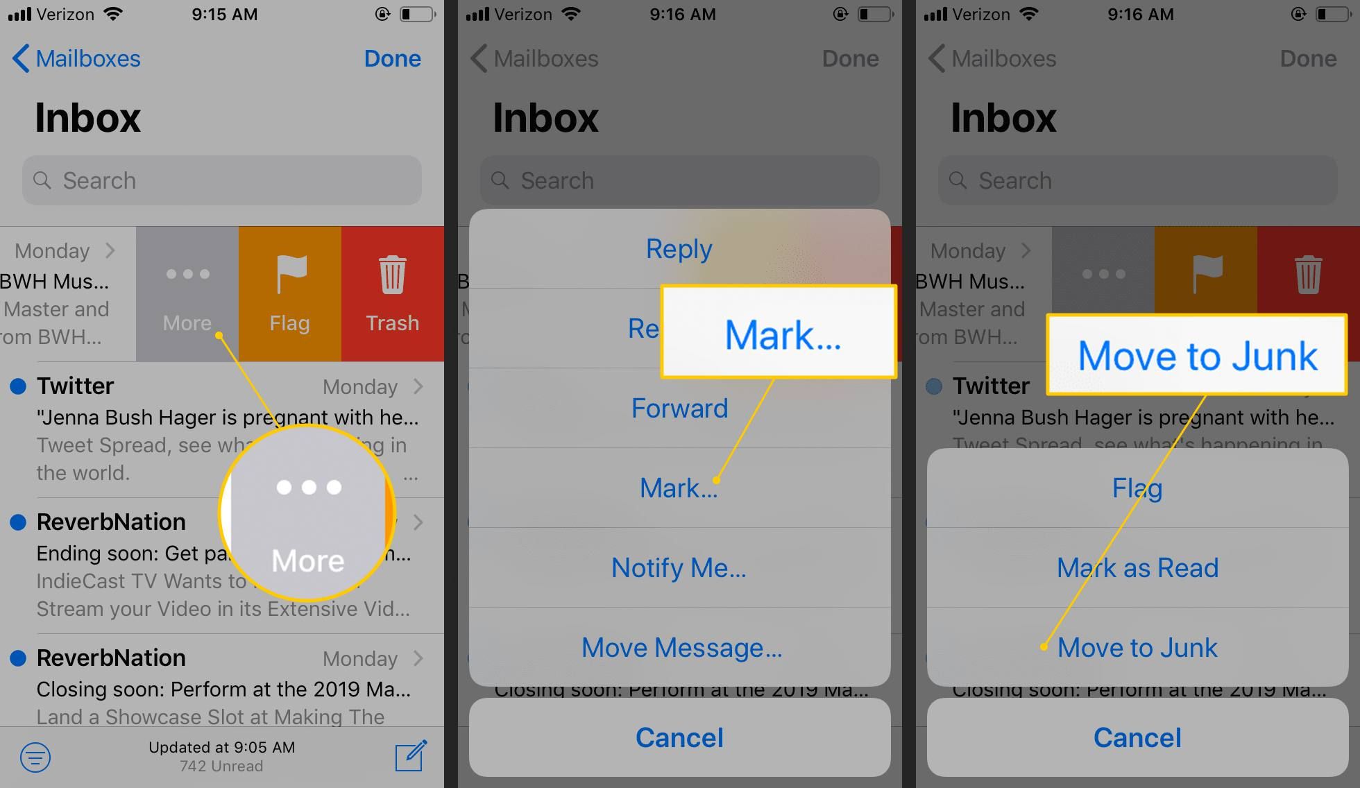 Кнопки More, Mark, Move to Junk на iOS