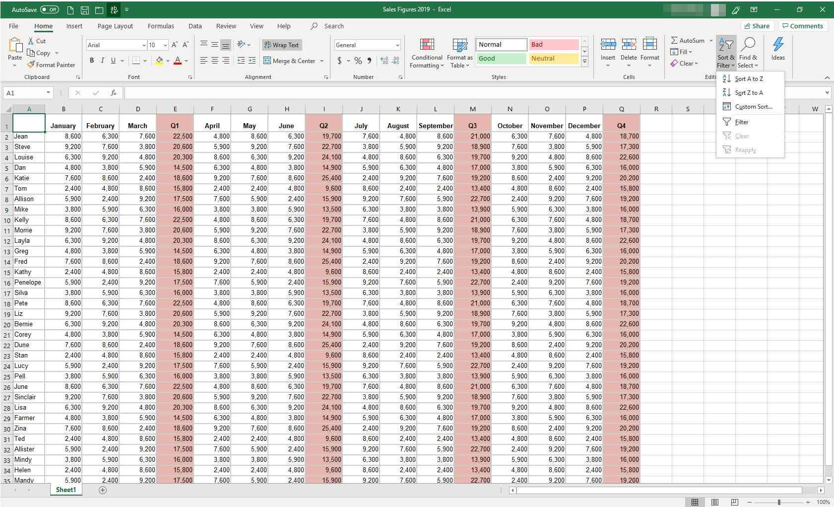 Электронная таблица MS Excel с отображенным меню Sort & Filter