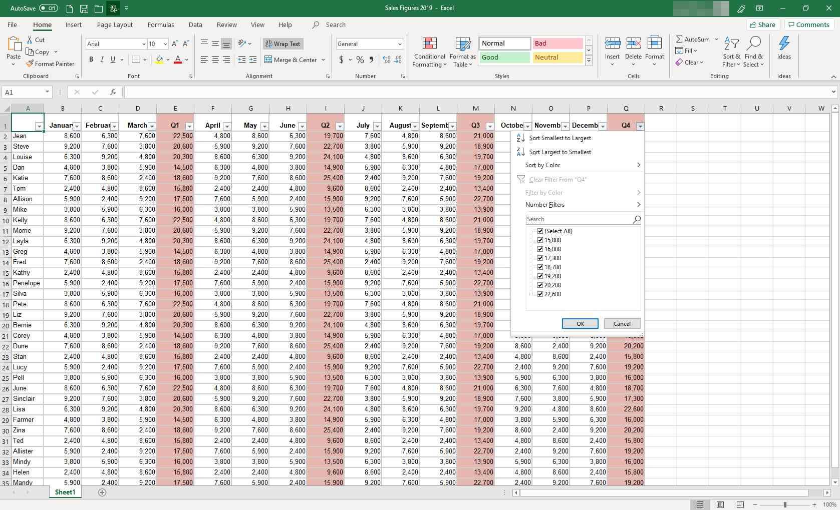 MS Excel с отображением диалогового окна фильтрации