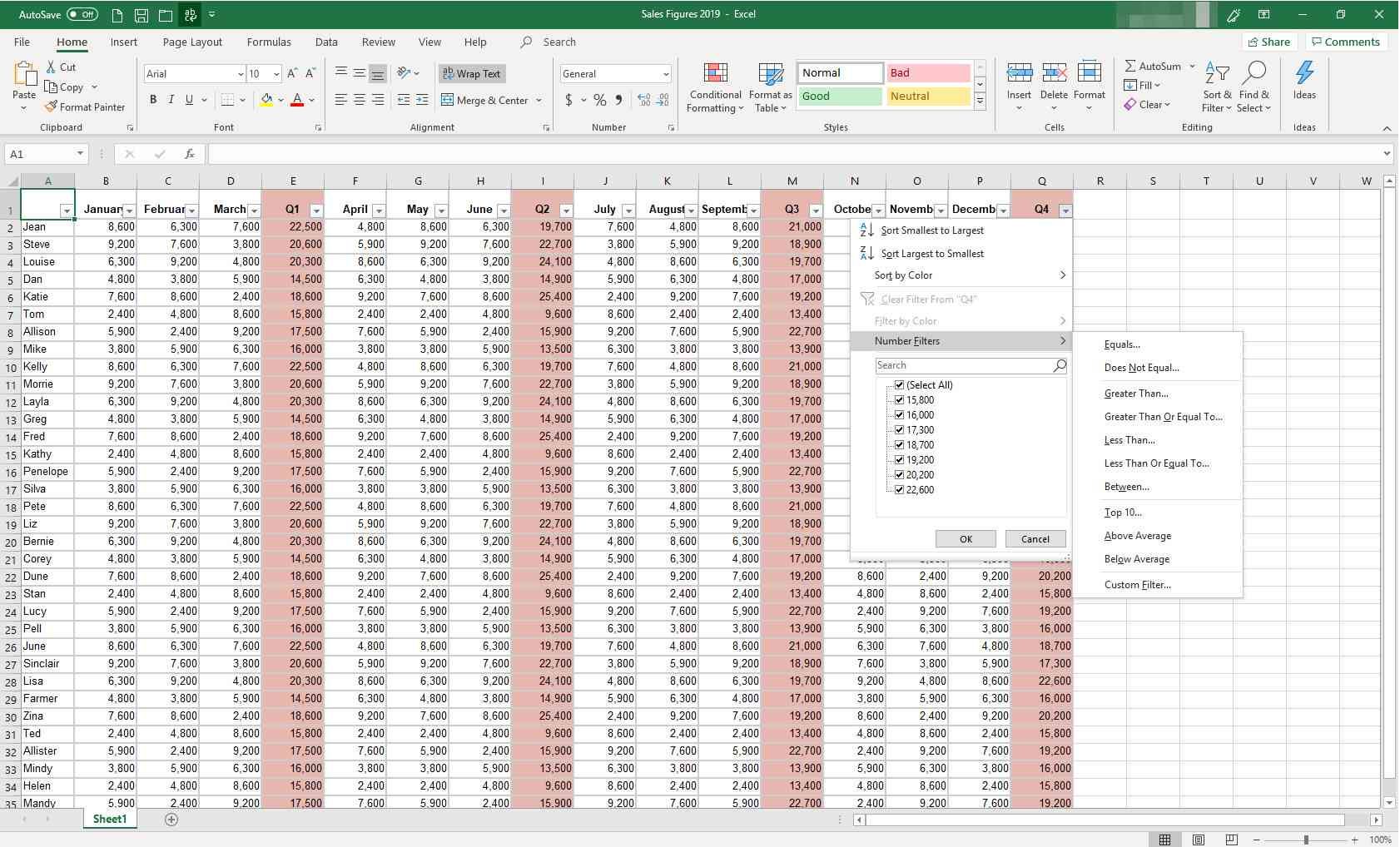 MS Excel с отображенным диалоговым окном фильтров