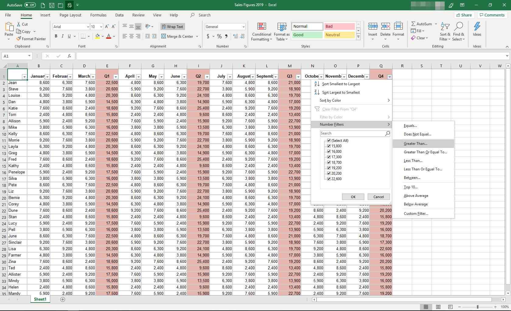 MS Excel с отображением меню фильтрации