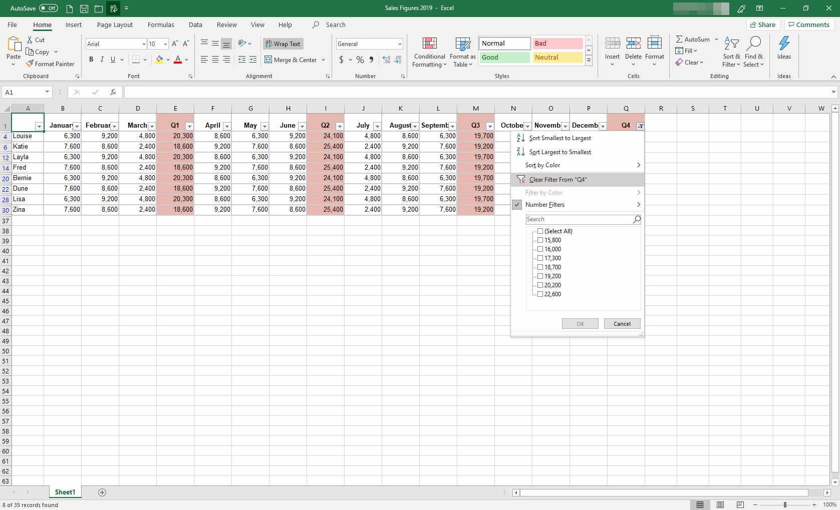 MS Excel с отображенным диалоговым окном фильтра