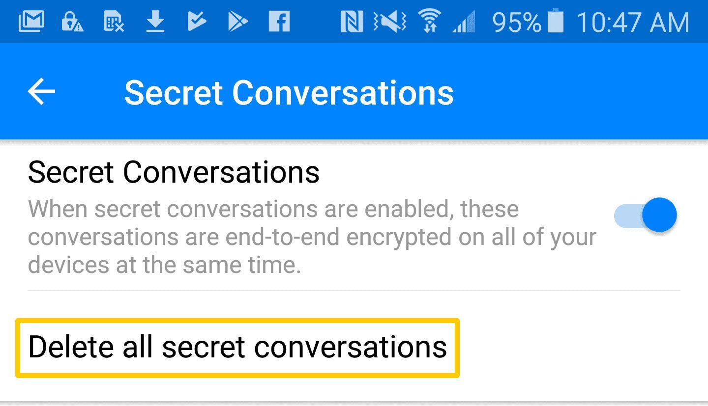 Расположение «Удалить все секретные разговоры» в приложении Facebook Messenger для Android.
