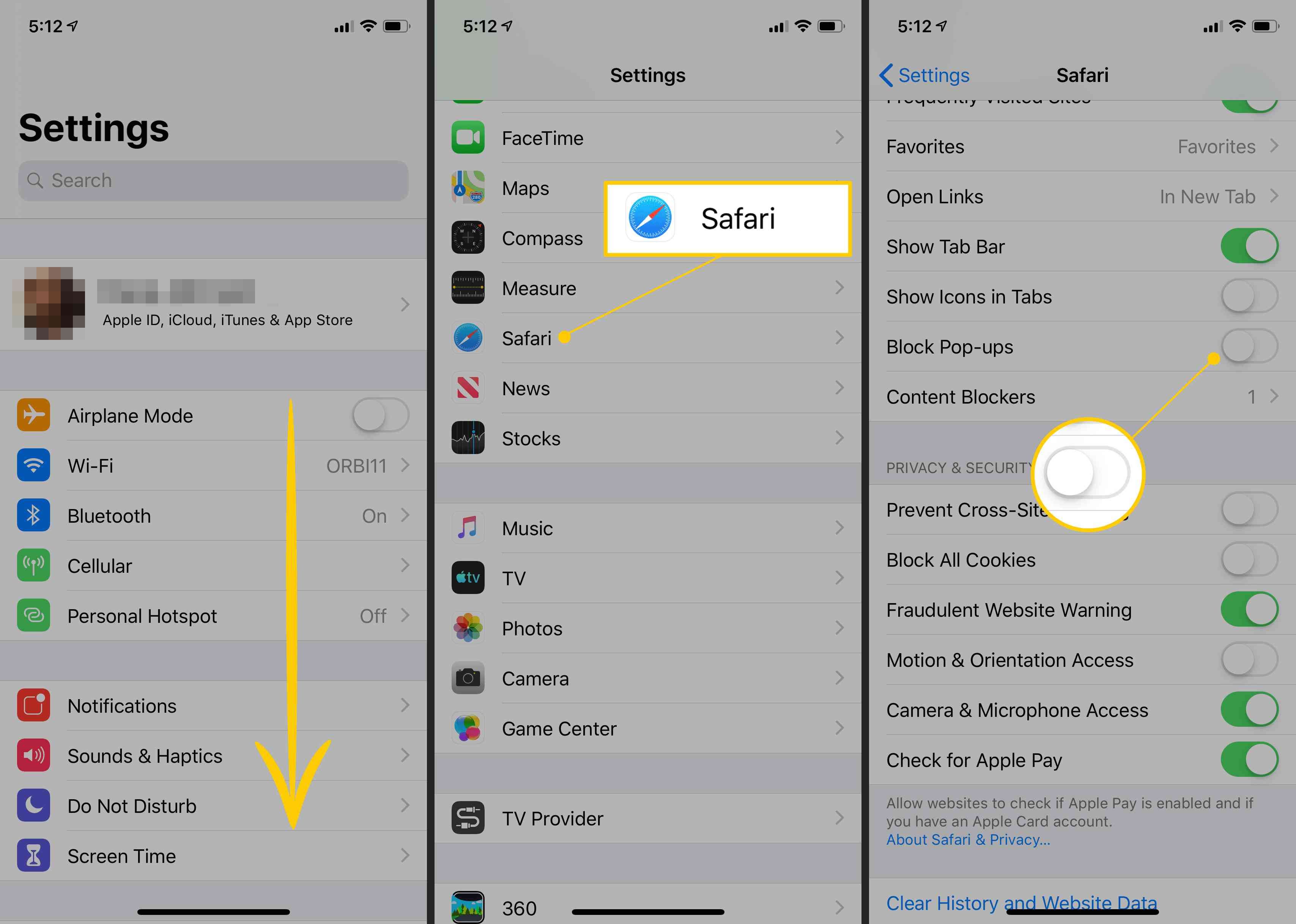 Приложение настроек iOS, кнопка Safari, переключатель блокировки всплывающих окон