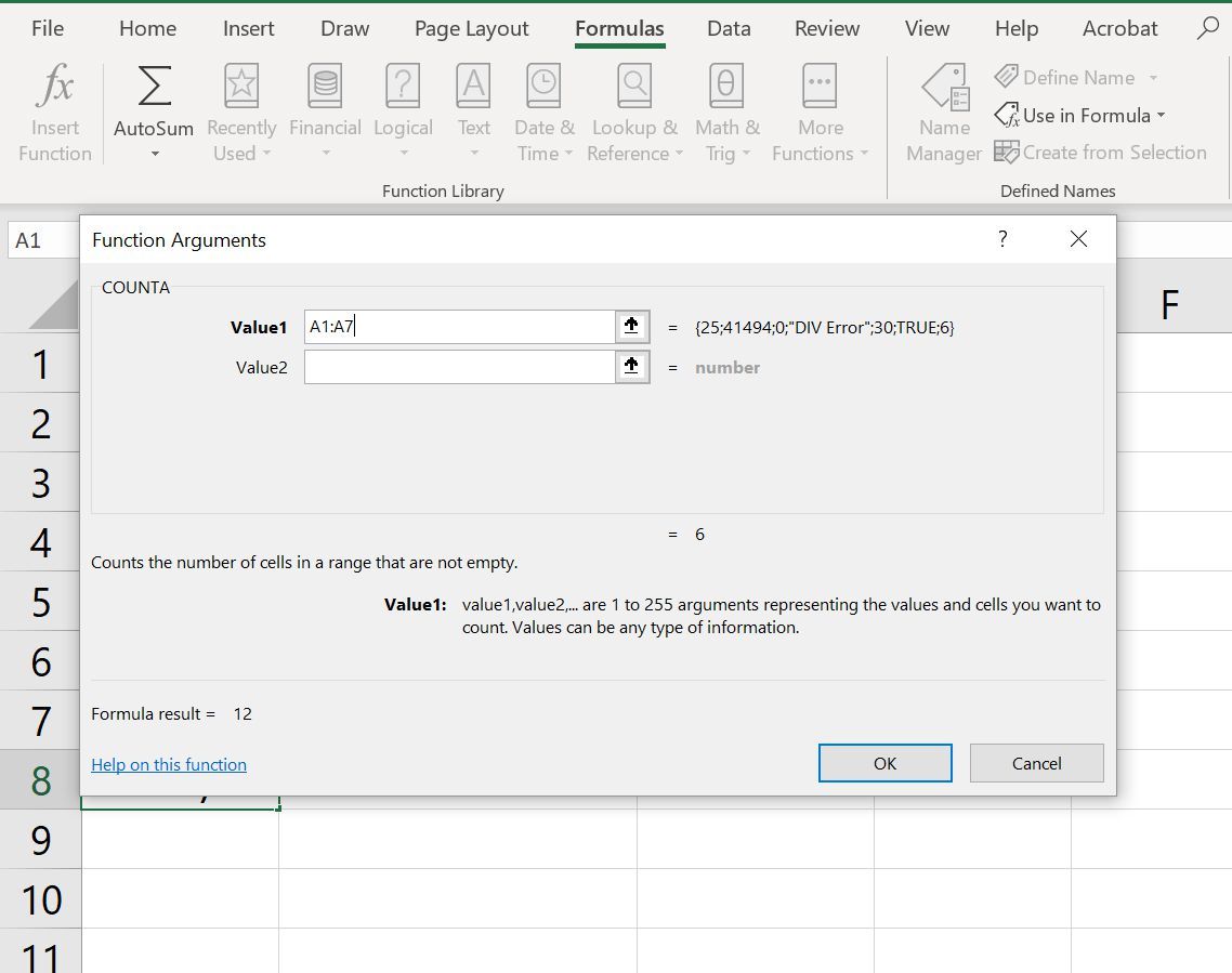 Использование Excel's Function Dialog Box to add arguments for a COUNTA formula.