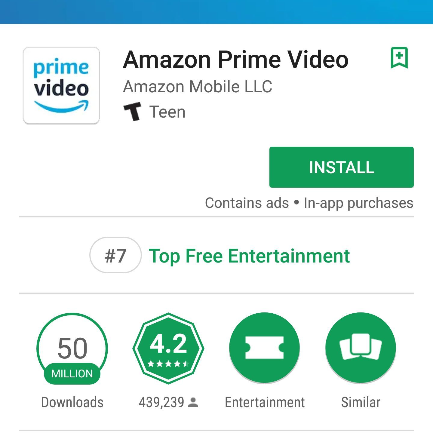 Снимок экрана установки приложения Amazon Prime Video в магазине Google Play на телефоне Android.