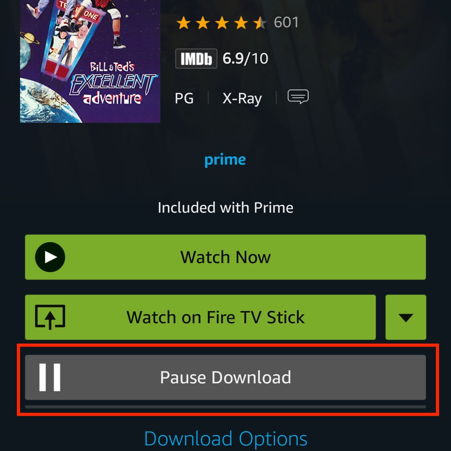 Снимок экрана приложения Amazon Prime Video на Android с выделением места для загрузки фильма.