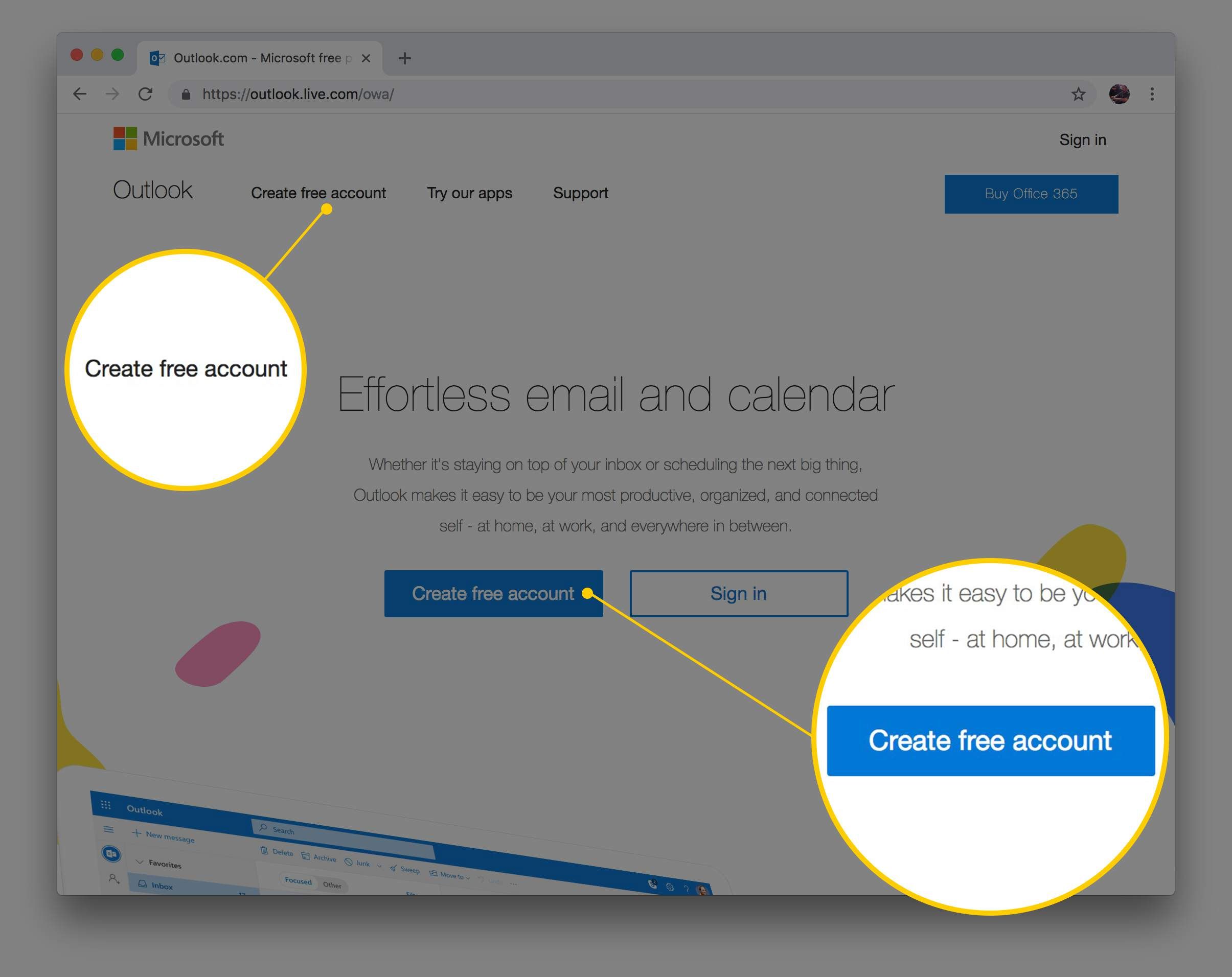 Создайте бесплатные параметры учетной записи на веб-странице Outlook.com в Chrome