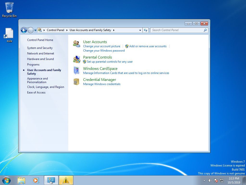 Настройки учетной записи пользователя Windows 7