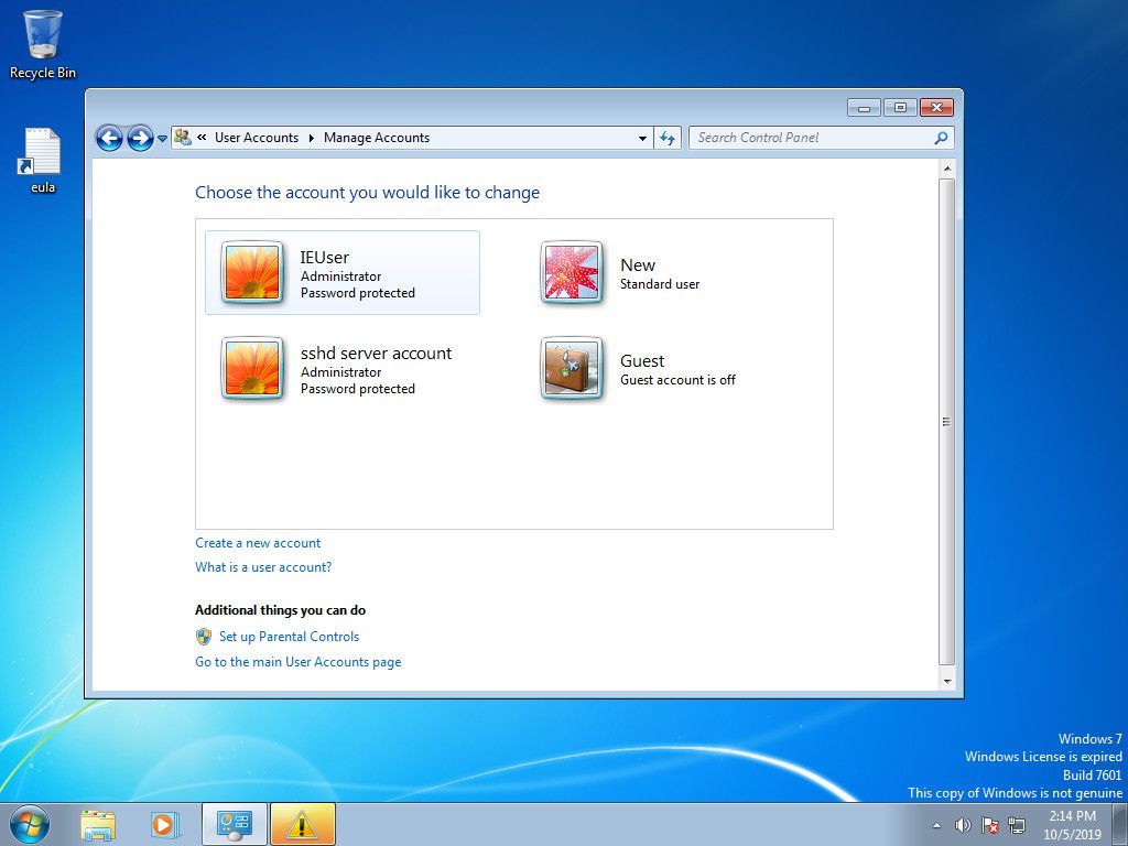 Windows 7 с новой учетной записью