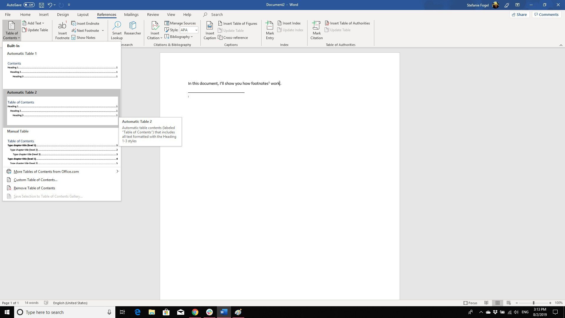 Снимок экрана стилей оглавления в Microsoft Word 365