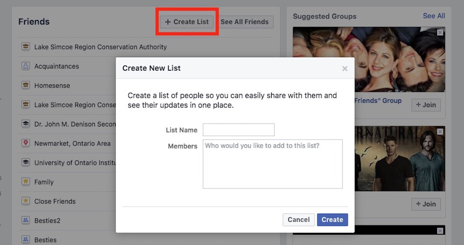Скриншот Facebook's Create New List option to add a new custom friend list