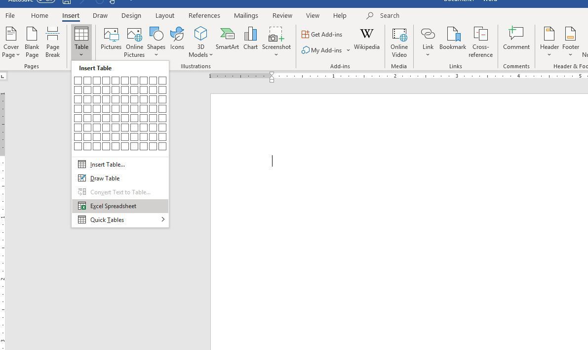 Снимок экрана с таблицей Excel в меню 