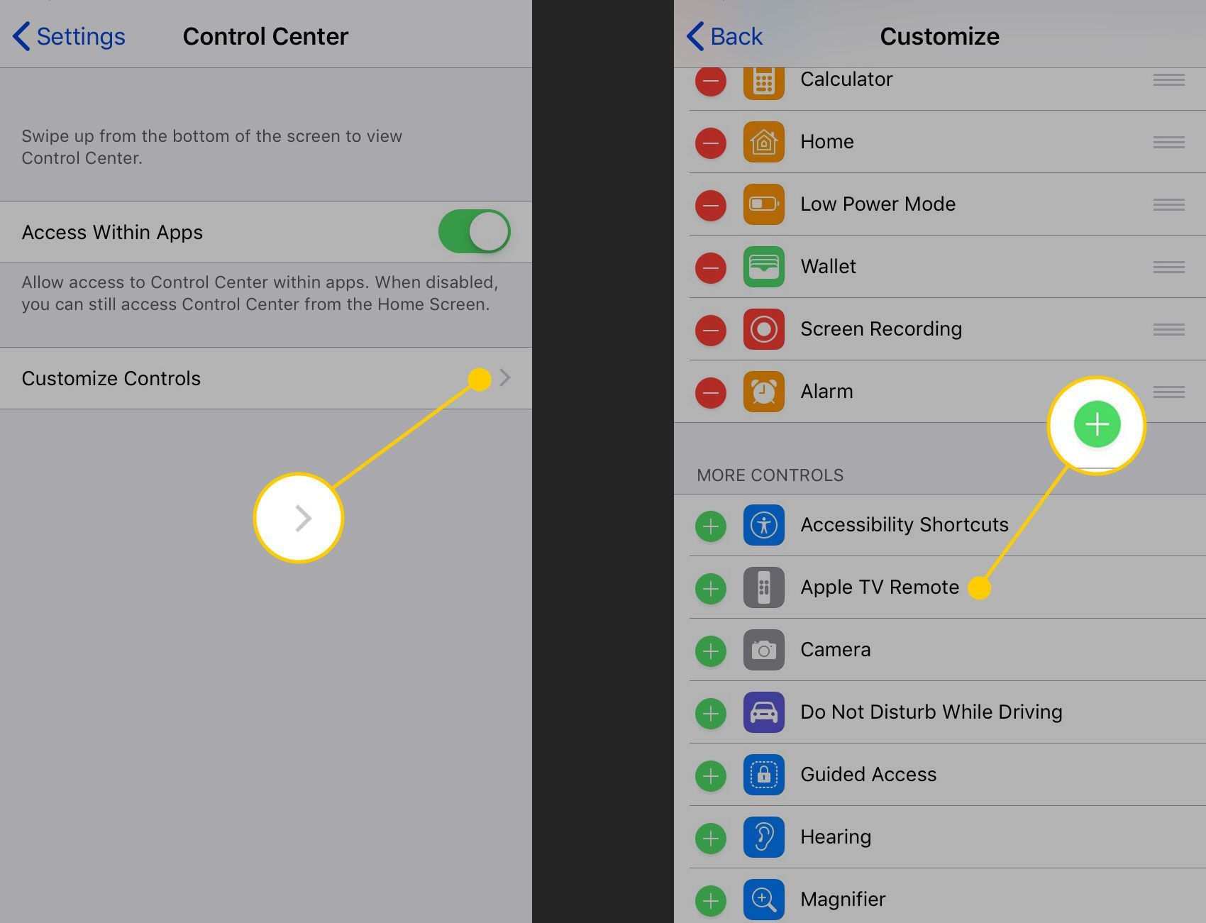 Настройте параметры управления для Центра управления с выделенной опцией Apple TV Remote