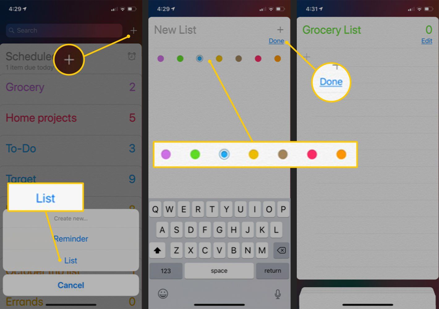 Список, кнопка «Плюс», цвета и кнопка «Готово» на iOS