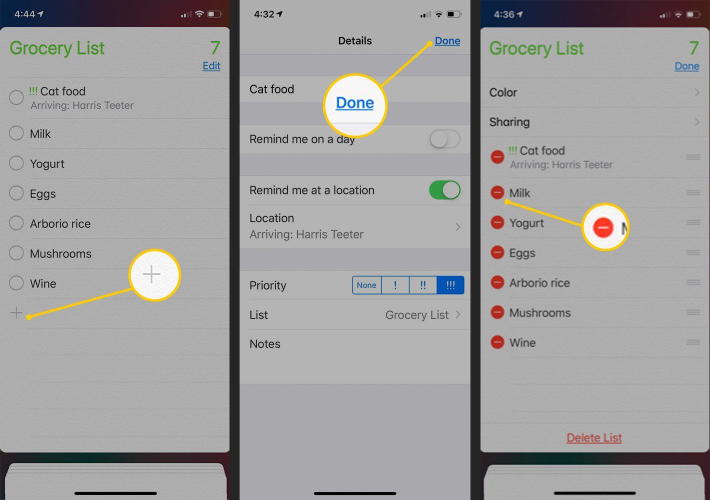 Кнопка «плюс», кнопка «Готово» и кнопки удаления в напоминаниях iOS