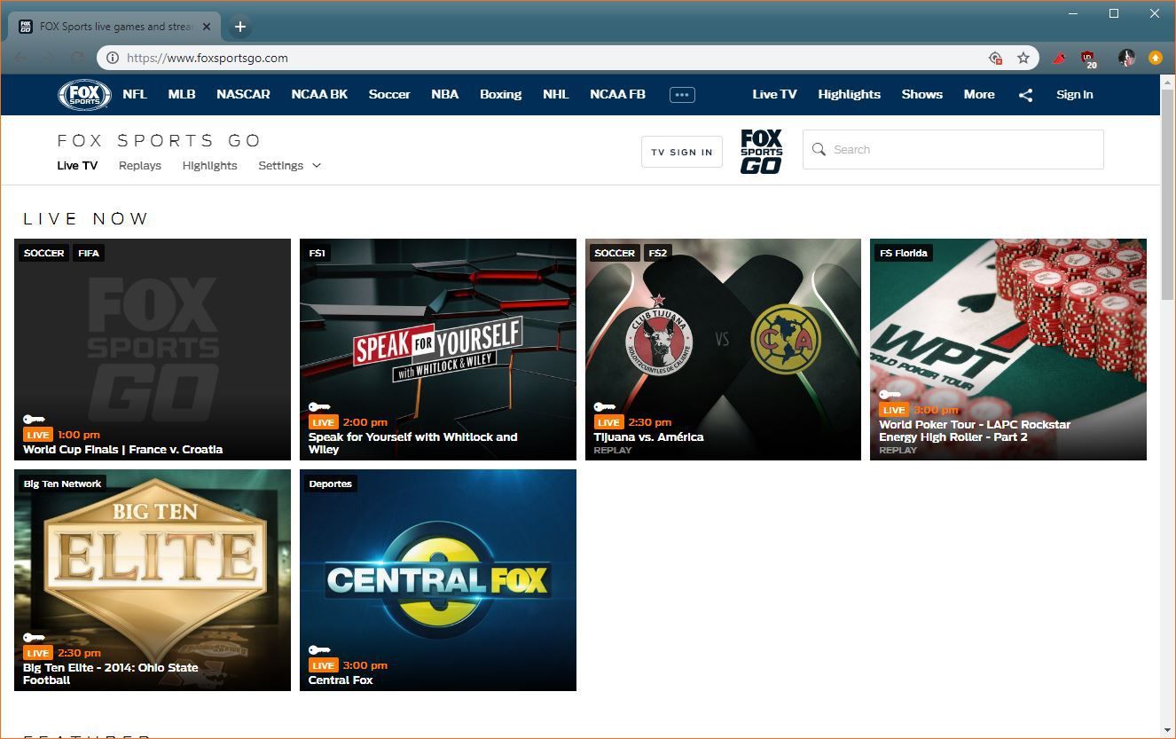 Скриншот FOX Sports GO, показывающий финал Кубка мира.
