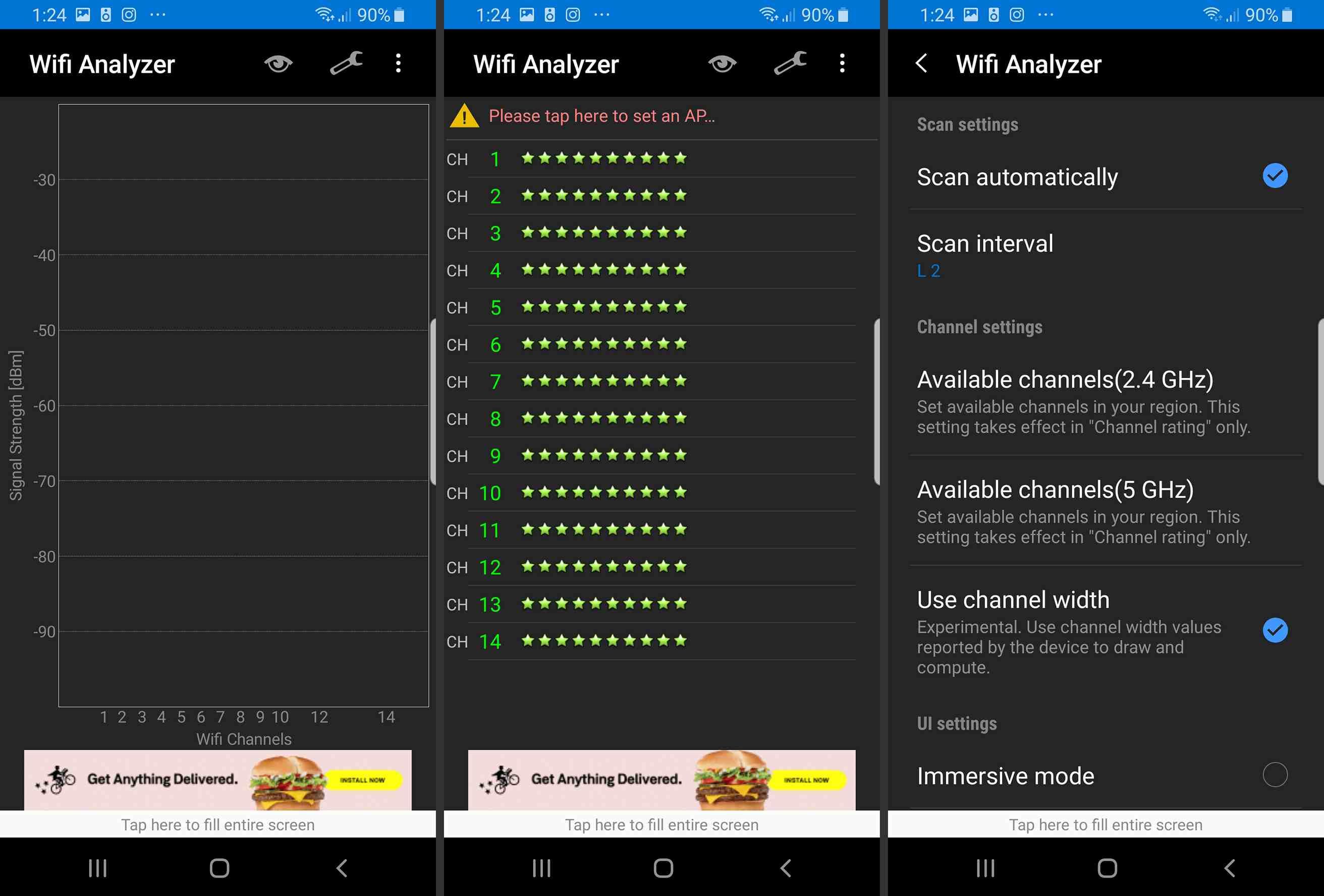 Три экрана Android для приложения Wifi Analyzer