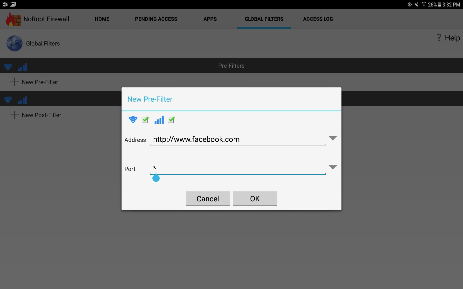 Снимок экрана NoRoot Firewall от Grey Shirts, показывающий, как добавить сайт в список заблокированных