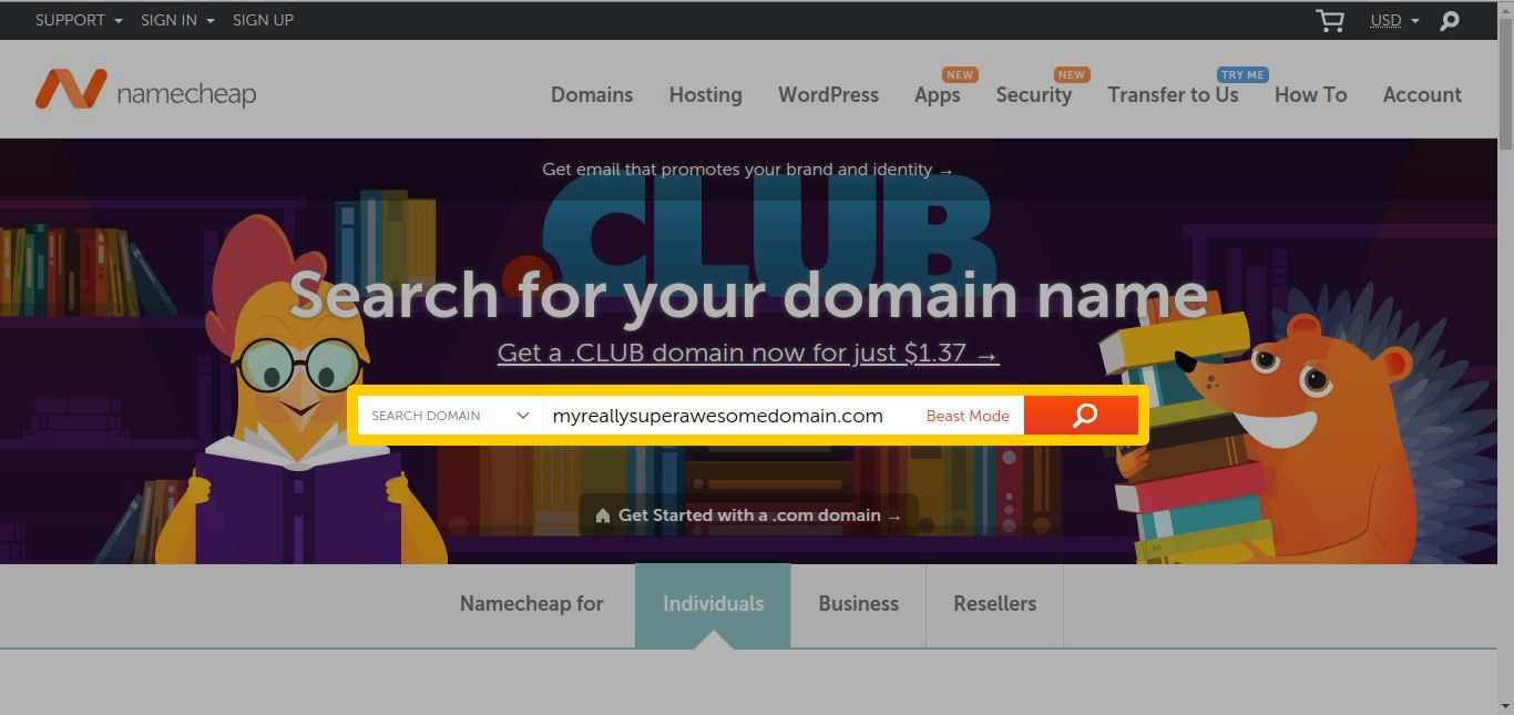 Снимок экрана поиска домена Namecheap.