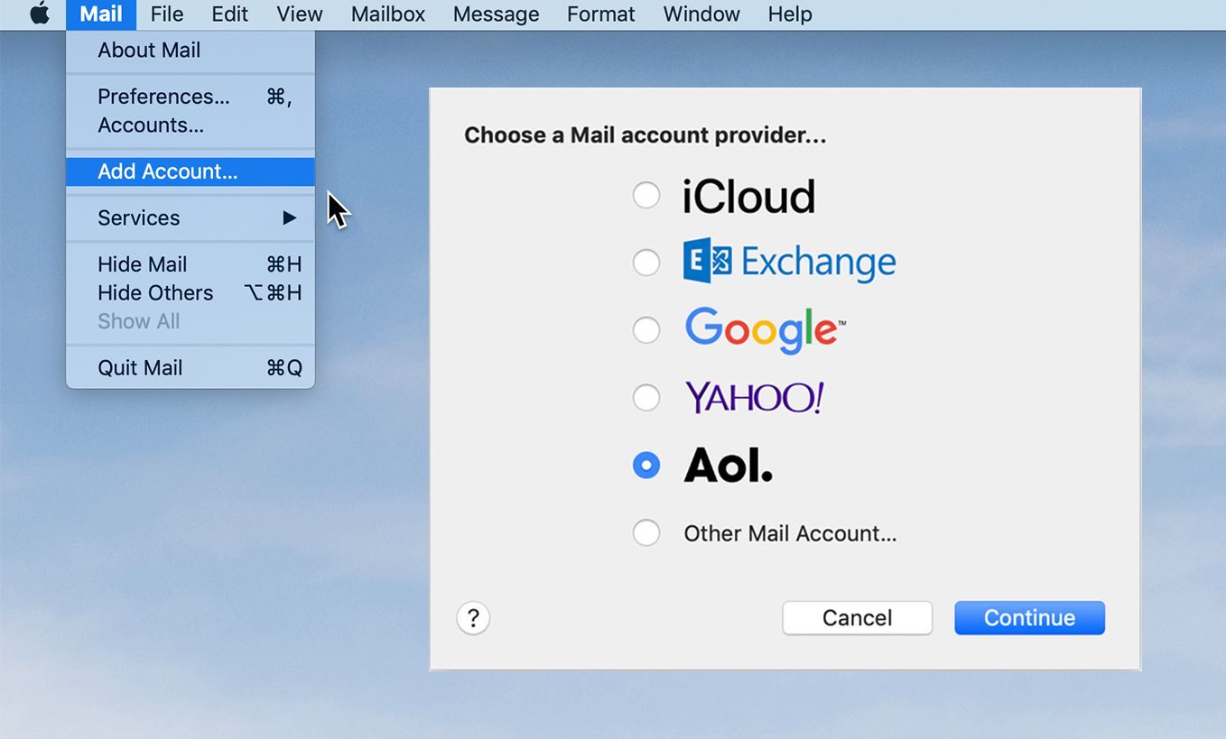 Экран, отображающий параметры электронной почты с выбранной почтой AOL