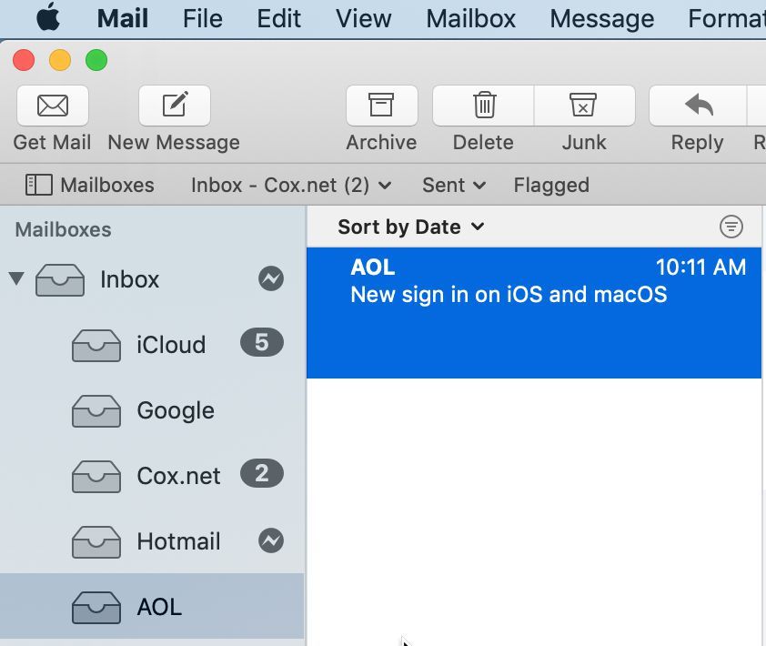 Снимок экрана с входящим почтовым ящиком AOL в приложении Почта