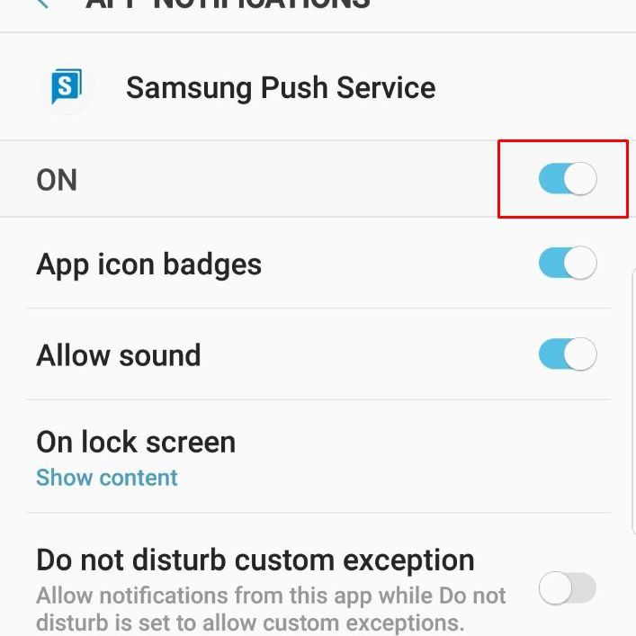 Уведомления приложений в настройках приложения Samsung Push Service