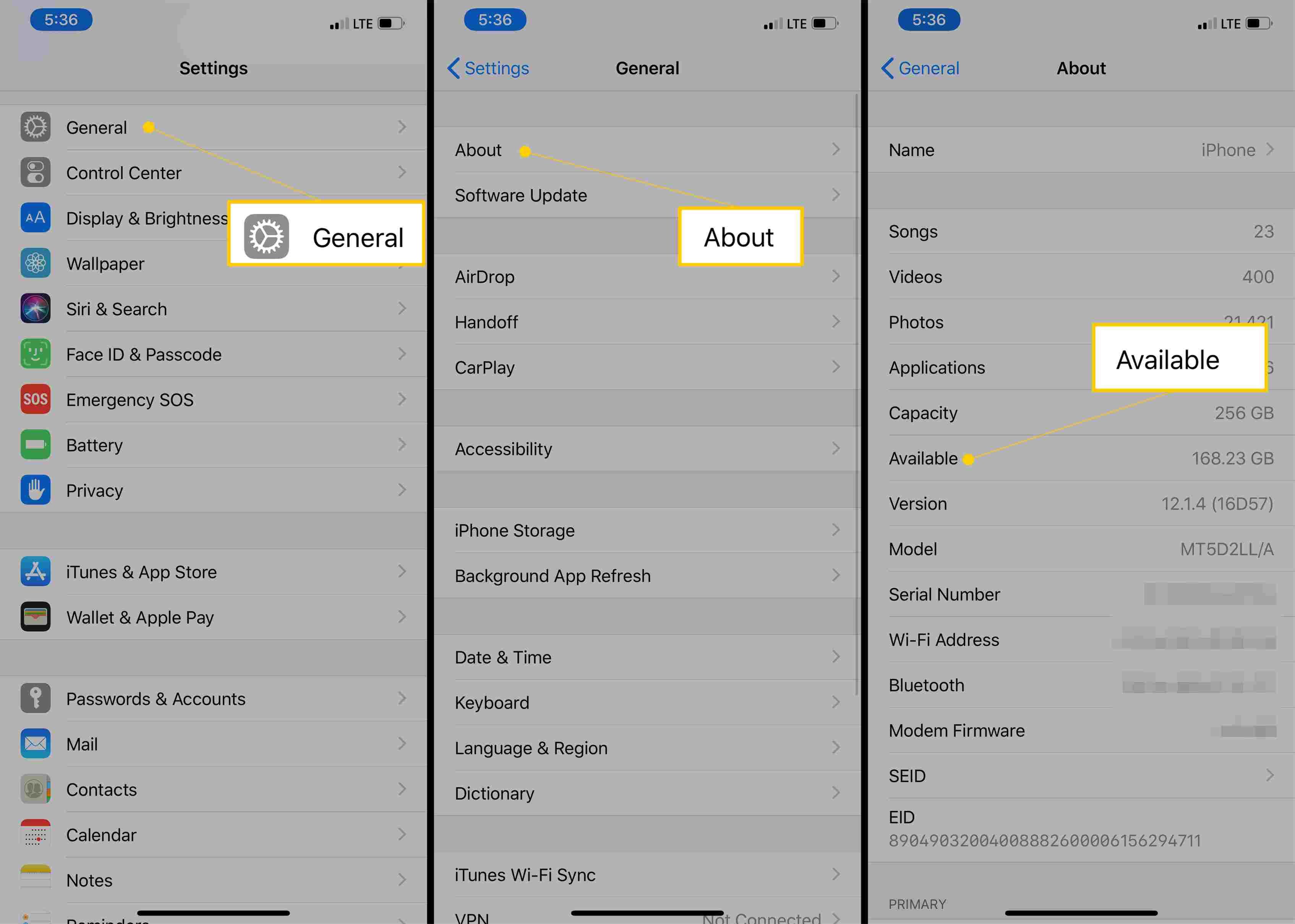 Общее, О, Доступное пространство в приложении Настройки iOS