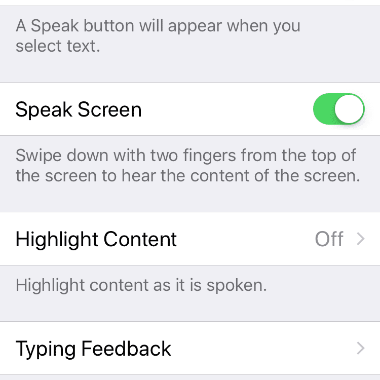 Снимок экрана параметров доступности речи iPhone