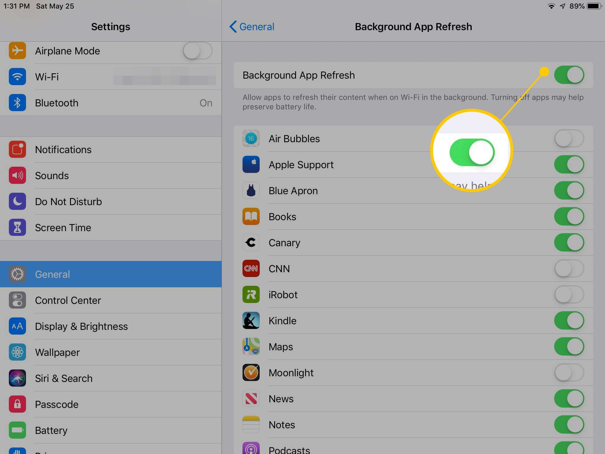 Фоновое приложение Обновить переключатель на iPad