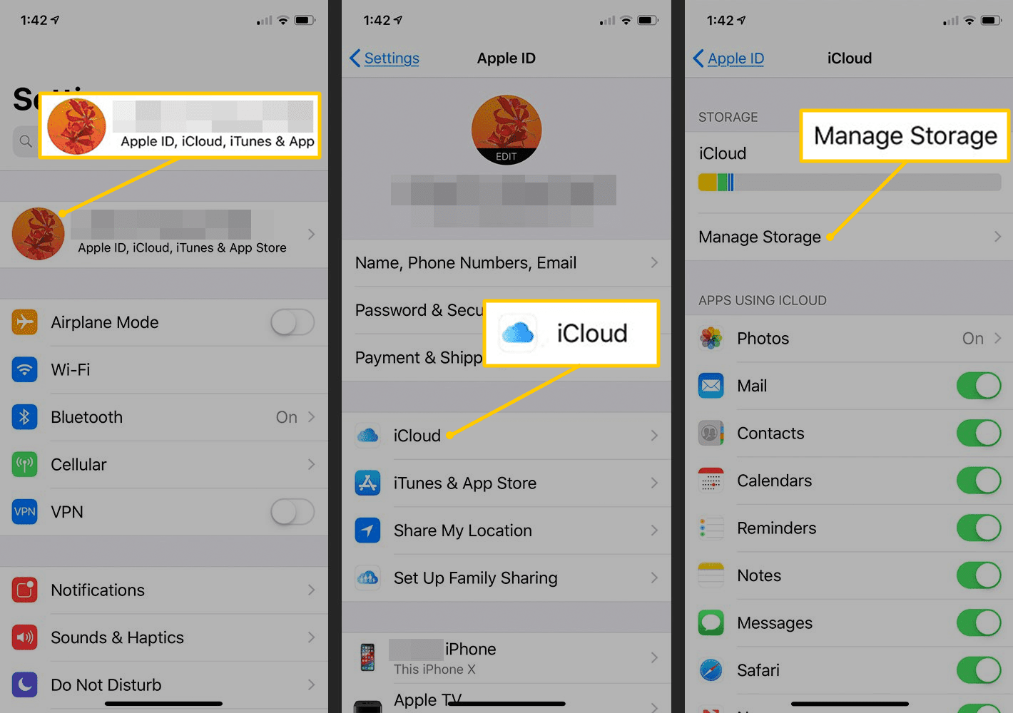 APple ID, iCloud, кнопки управления хранилищем в настройках iOS