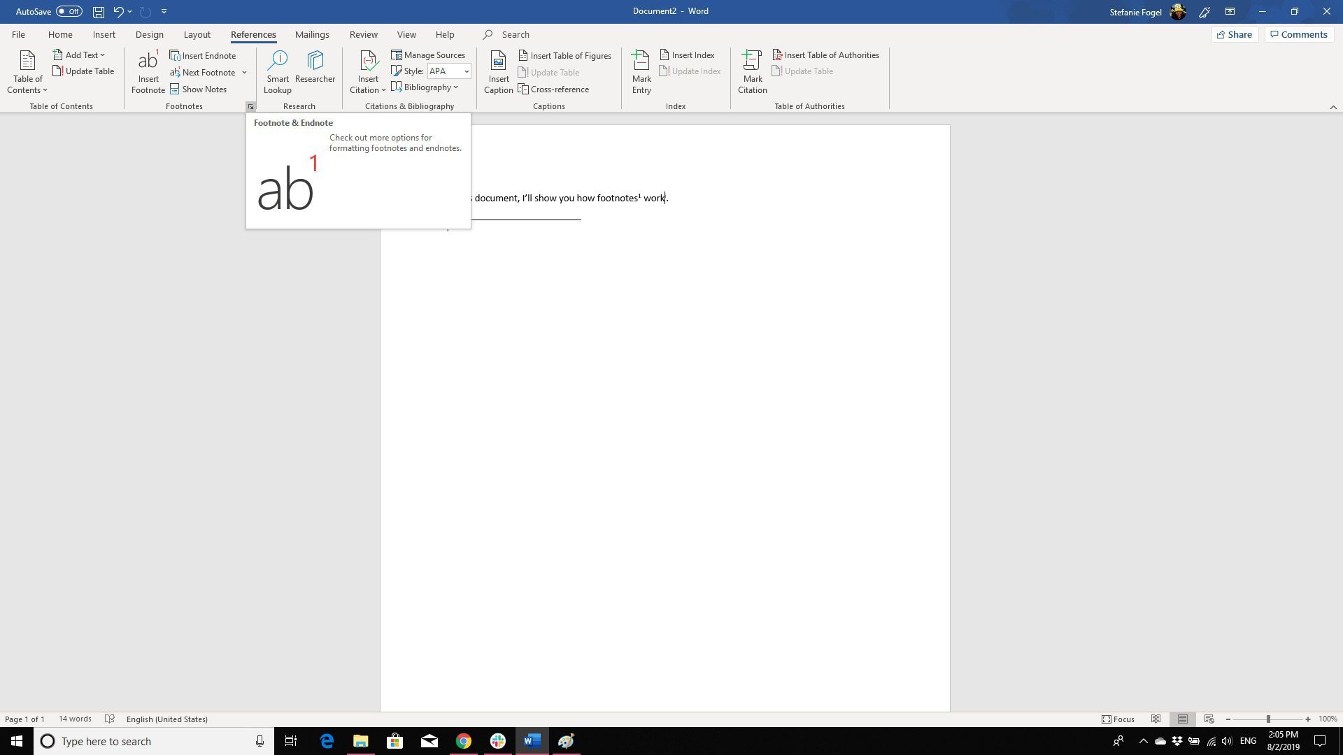 Снимок экрана кнопки Дополнительные параметры сноски в Microsoft Word 365