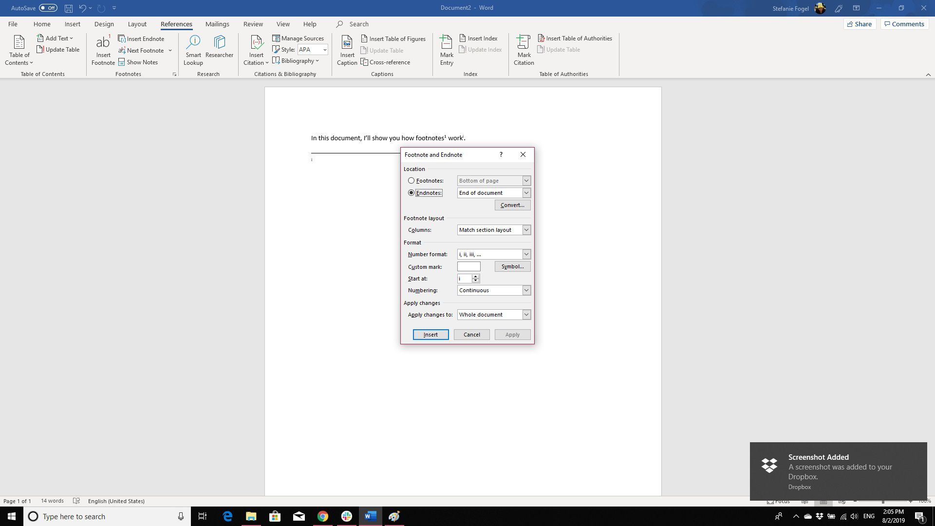 Снимок экрана в поле «Сноска и сноска» в Microsoft Word 365