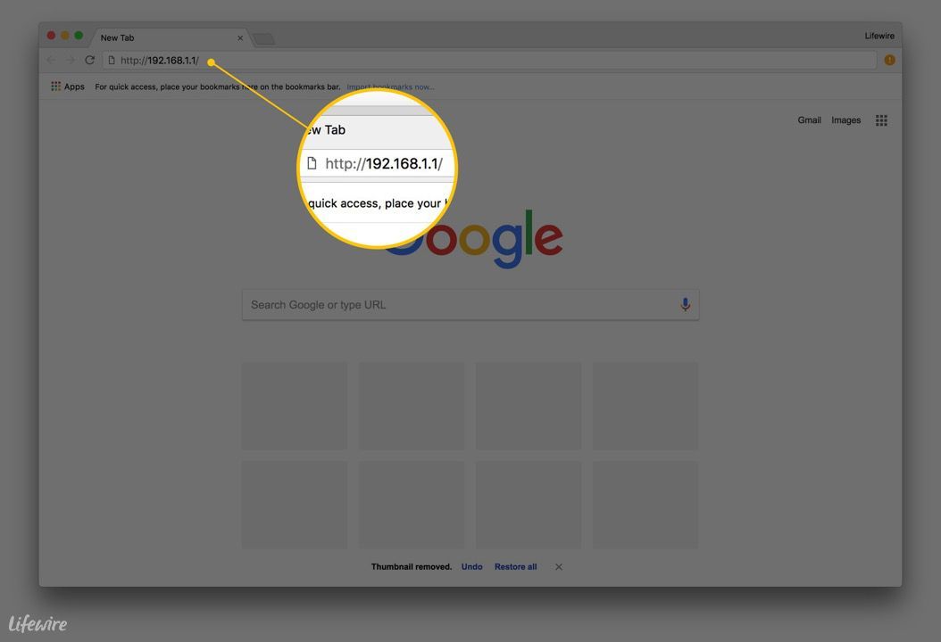 Снимок экрана браузера Google Chrome с IP 192.168.1.1 в адресной строке.