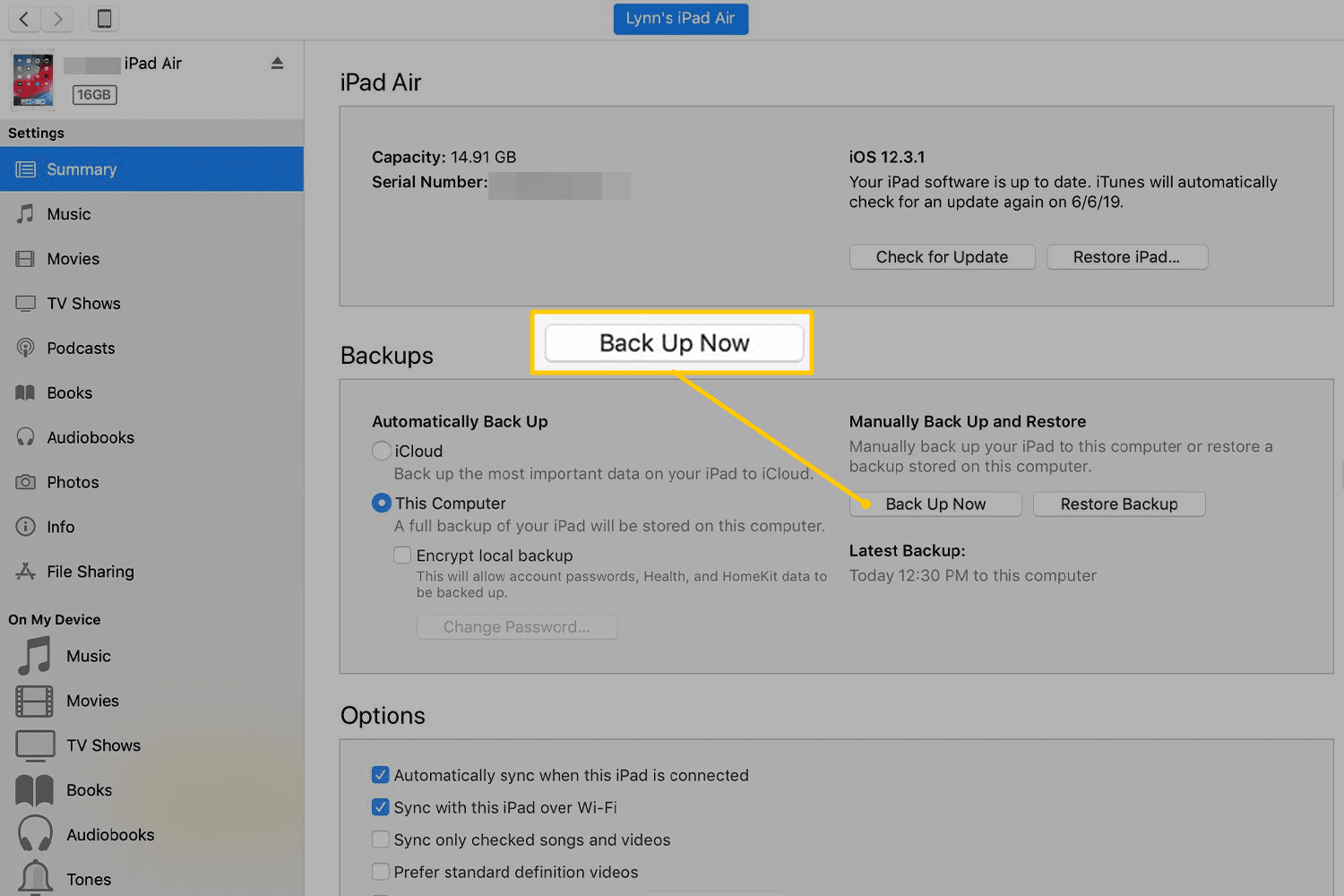 Кнопка «Создать резервную копию сейчас» в iTunes на macOS