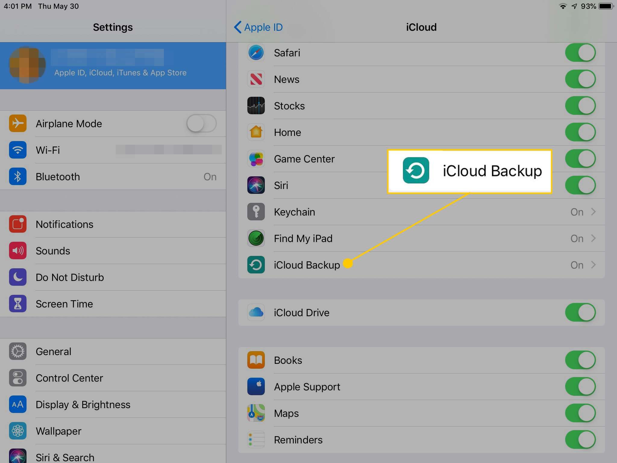 Кнопка резервного копирования iCloud в настройках iOS на iPad