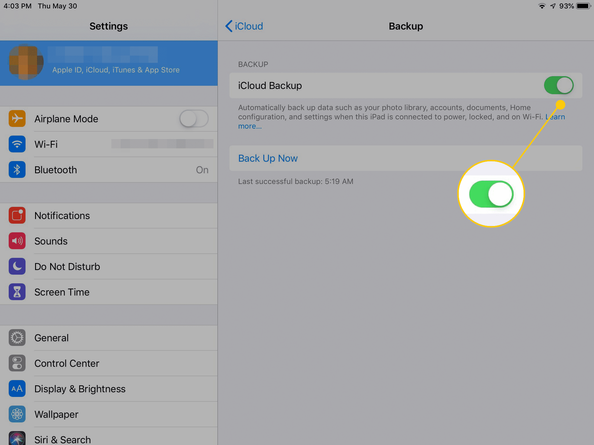 Переключение iCloud Backup в настройках iOS на iPad