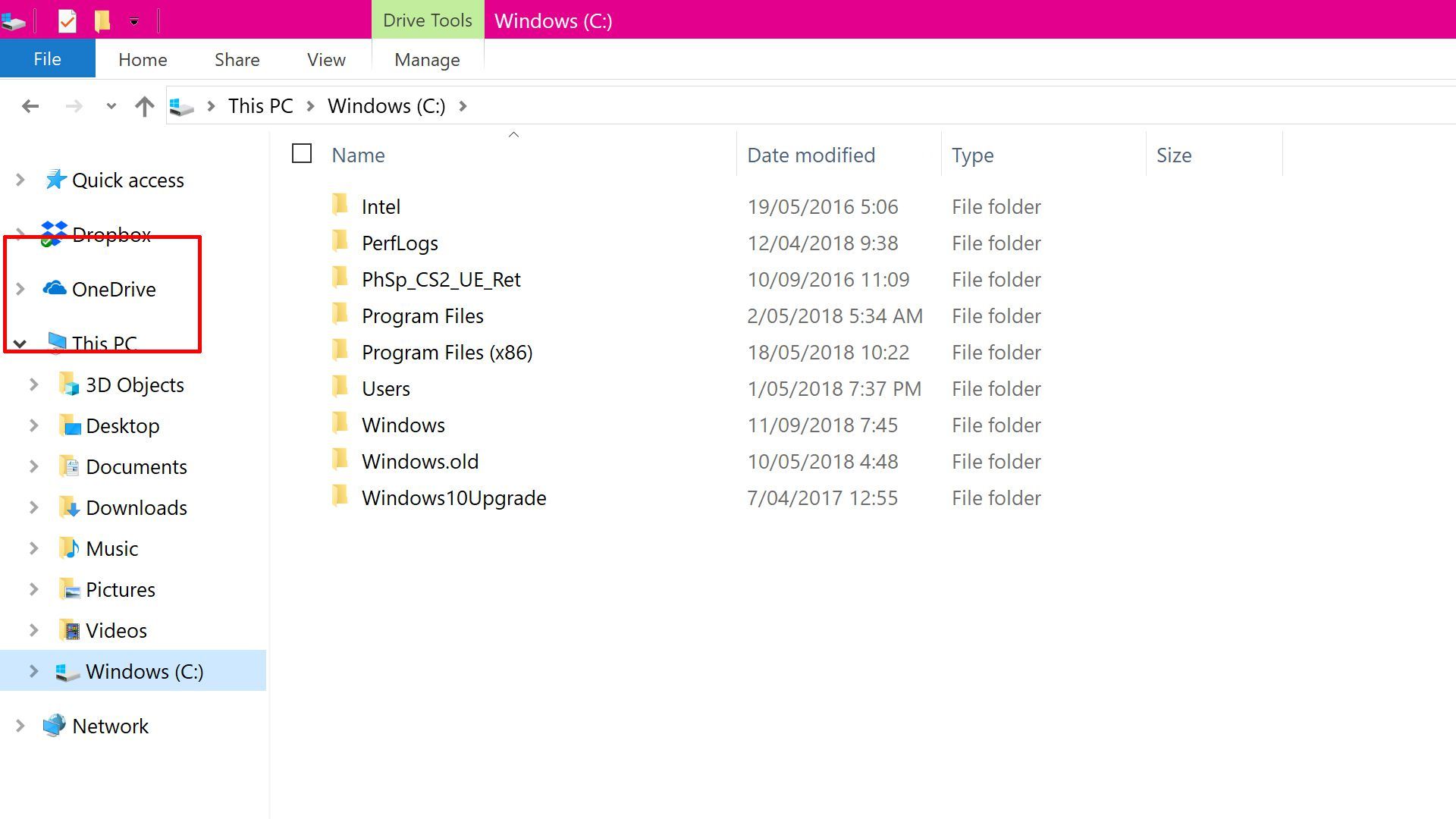 Снимок экрана OneDrive в операционной системе Windows 10