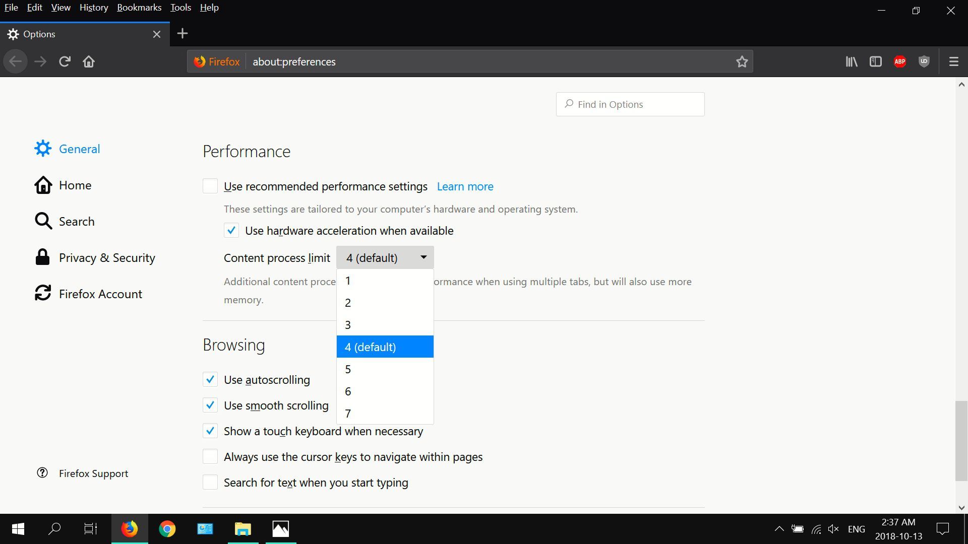Скриншот Firefox Quantum's performance settings