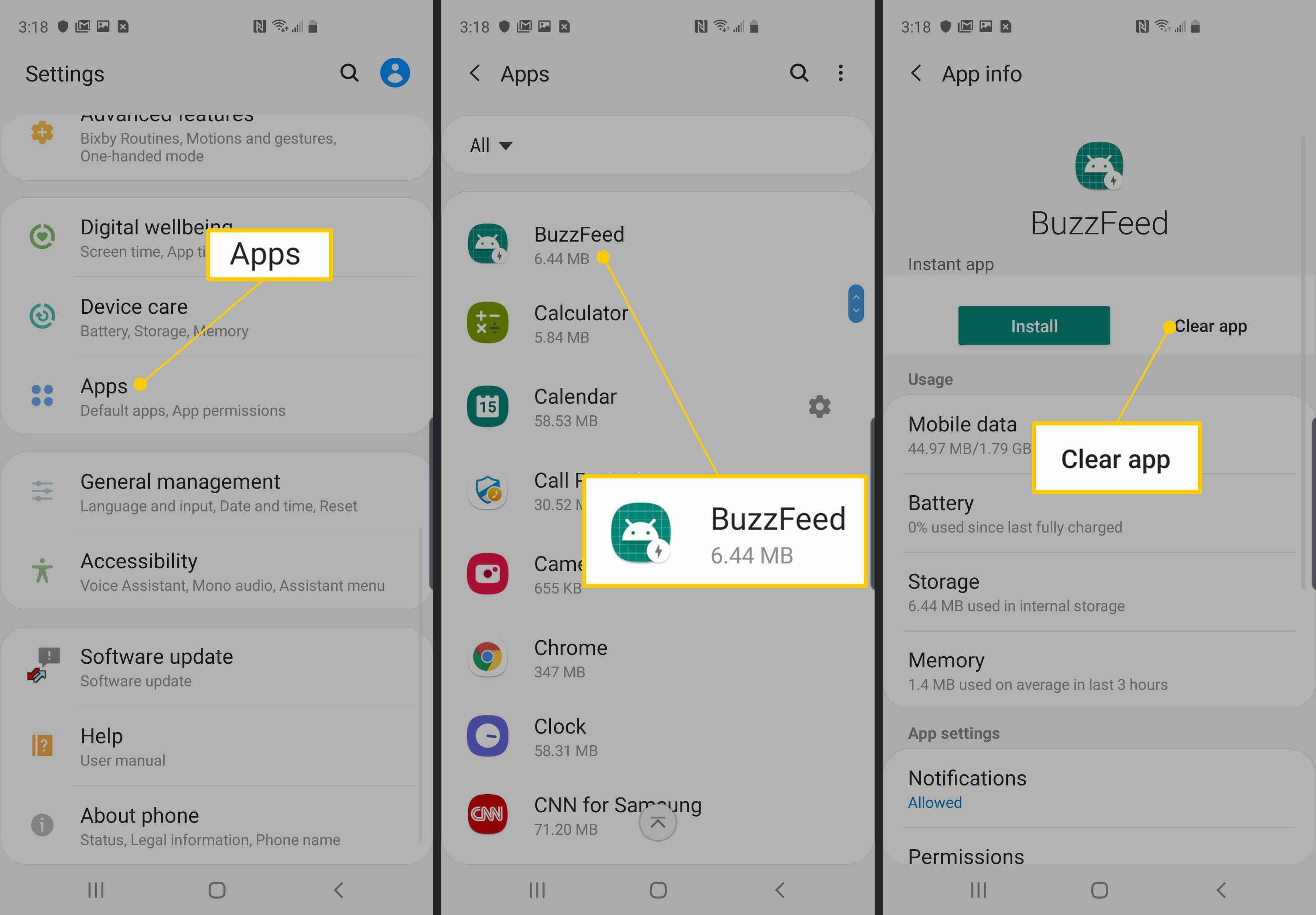 Приложения, BuzzFeed, Очистить приложение в настройках Android