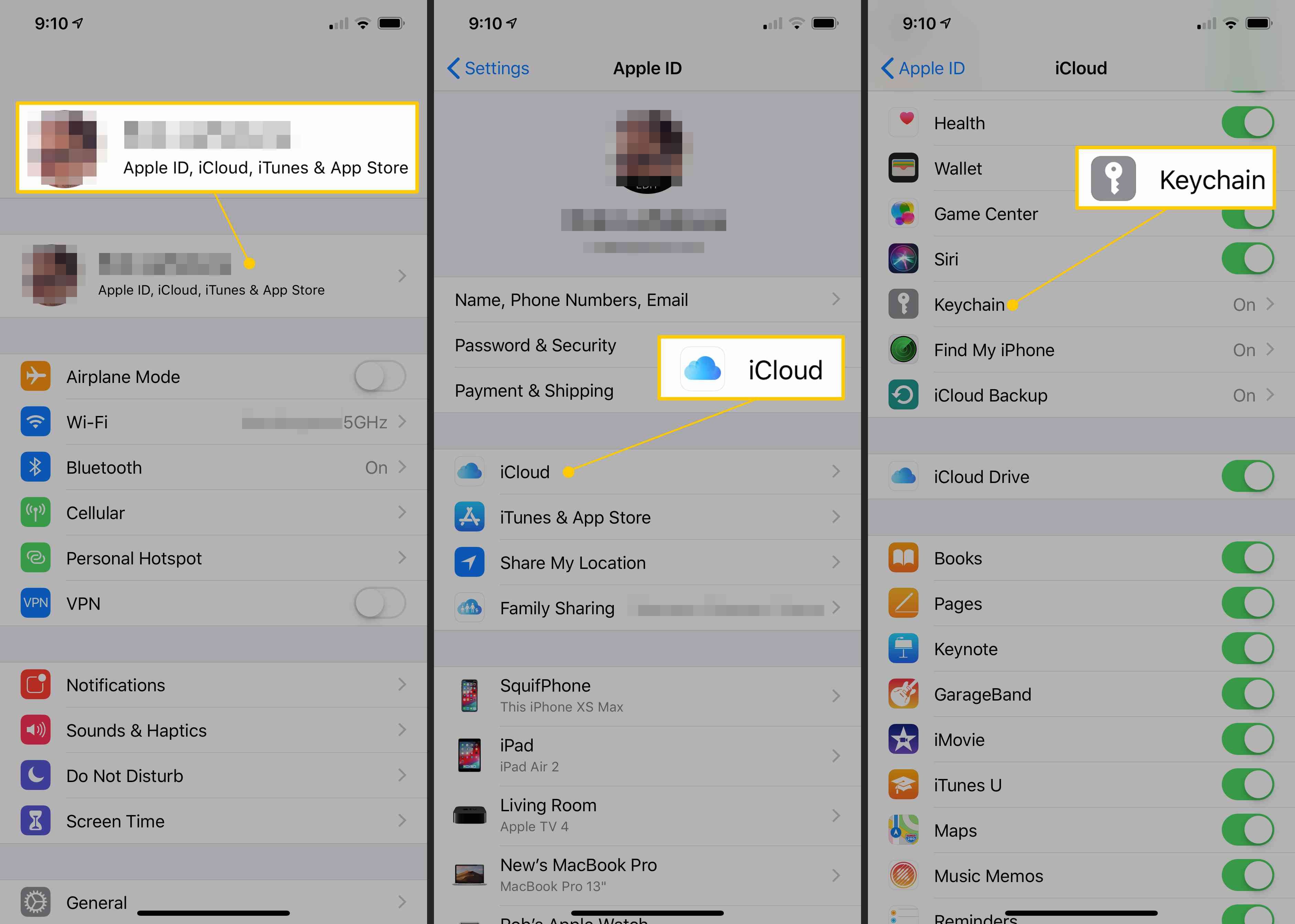 Кнопки Apple ID, iCloud, Keychain в настройках iOS