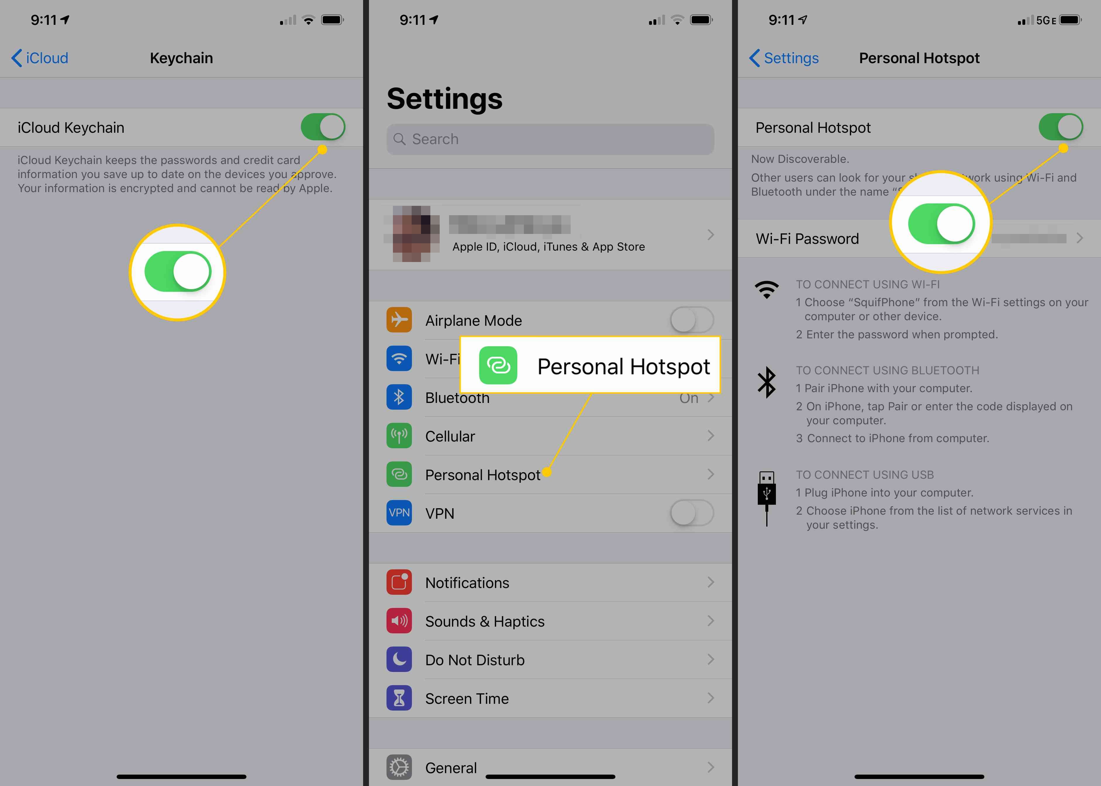 iCloud Keychain, Personal Hotspot, включите в настройках iOS