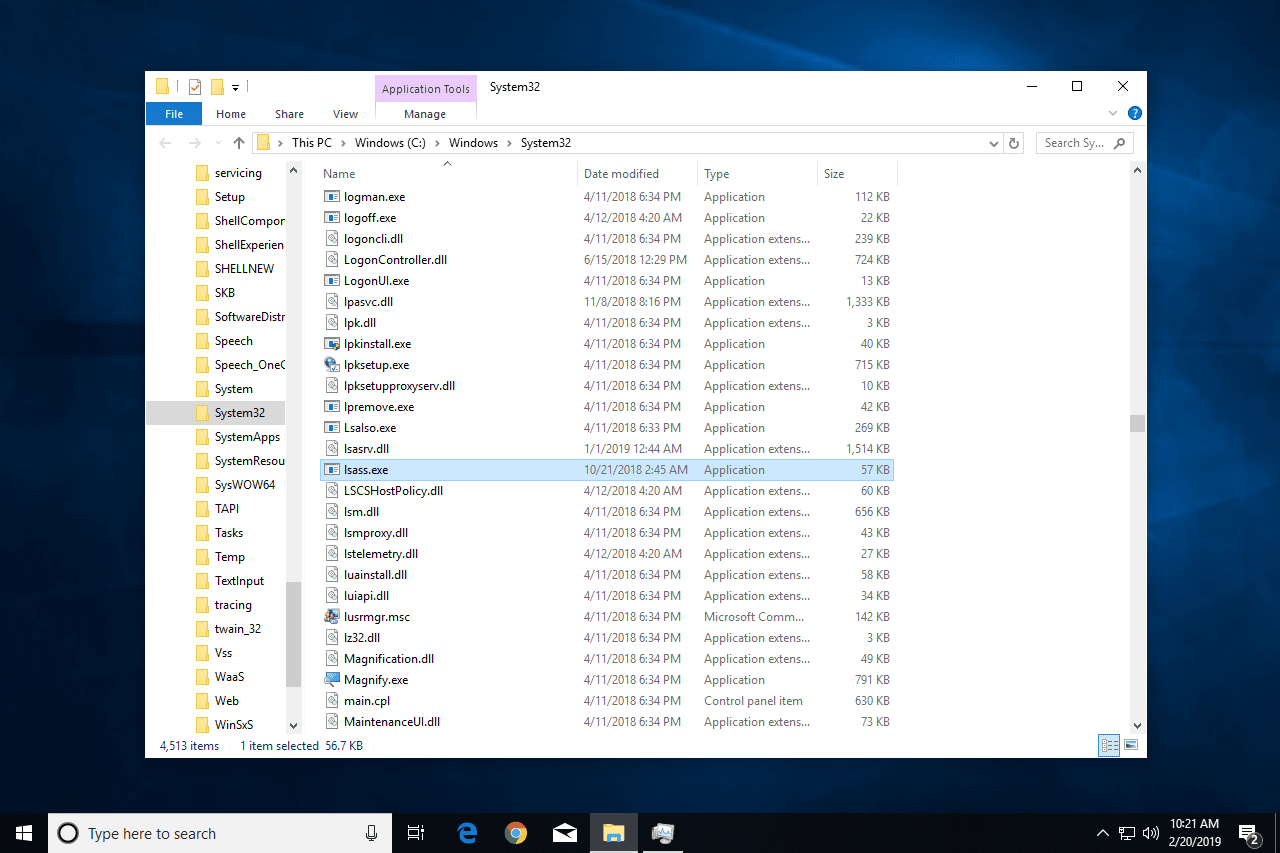 Расположение папки Lsass.exe в Windows 10