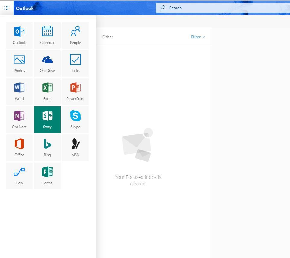 Снимок экрана, показывающий Sway в меню Microsoft на Outlook.com