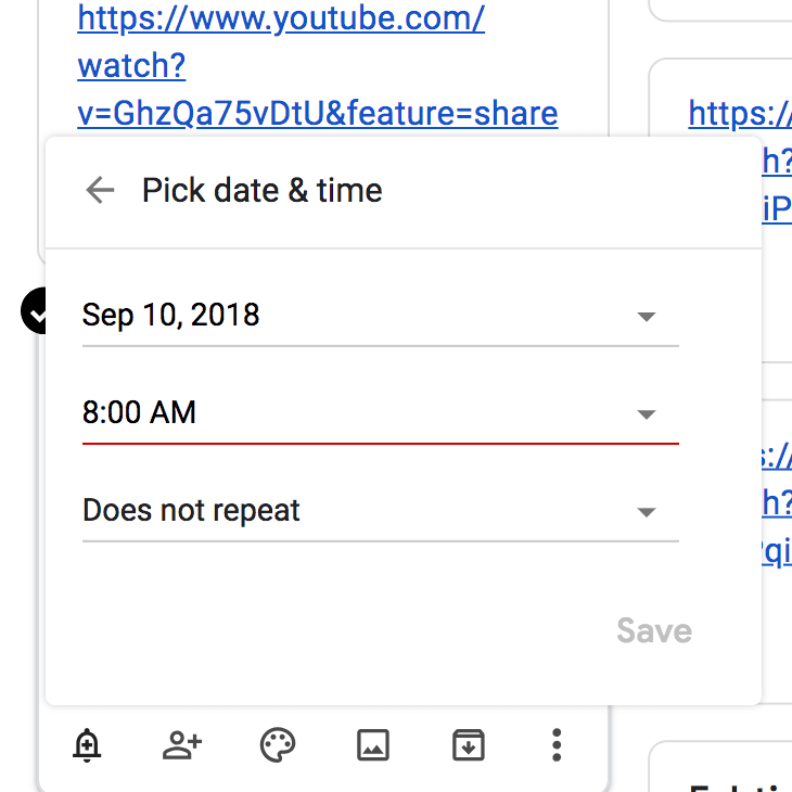 Снимок экрана Google Keep с добавлением даты напоминания в заметку